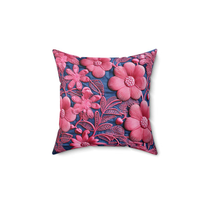 Denim Blue Doll Pink Floral Embroidery Style Fabric Flowers - Spun Polyester Square Pillow