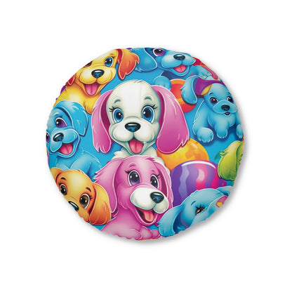 Happy Puppy & Dog Design - Vivid and Eye-Catching - Tufted Floor Pillow, Round