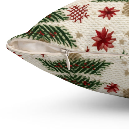 Embroidered Christmas Winter, Festive Holiday Stitching, Classic Seasonal Design - Spun Polyester Square Pillow