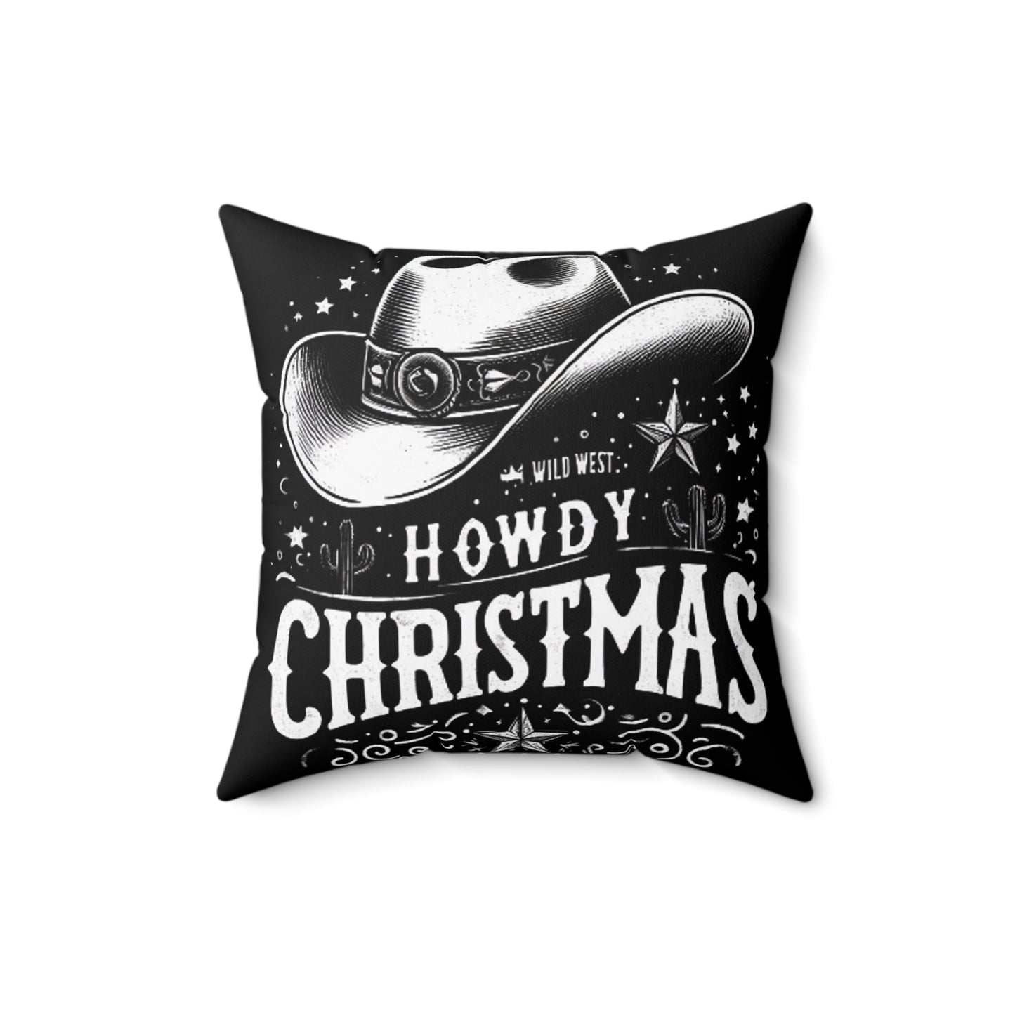 Western Winter Greetings - Christmas Starlit Night & Desert Silhouettes Holiday Cheer - Spun Polyester Square Pillow