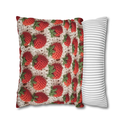 Strawberry Traditional Japanese, Crochet Craft, Fruit Design, Red Berry Pattern - Spun Polyester Square Pillow Case