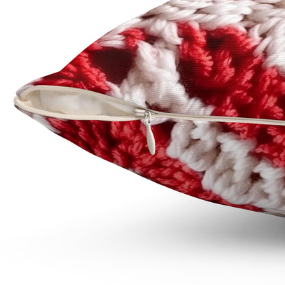 Warm Winter Red & White Crochet Knit: Cinematic Chic Texture Design - Spun Polyester Square Pillow