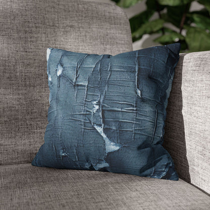 Distressed Blue Denim-Look: Edgy, Torn Fabric Design - Spun Polyester Square Pillow Case