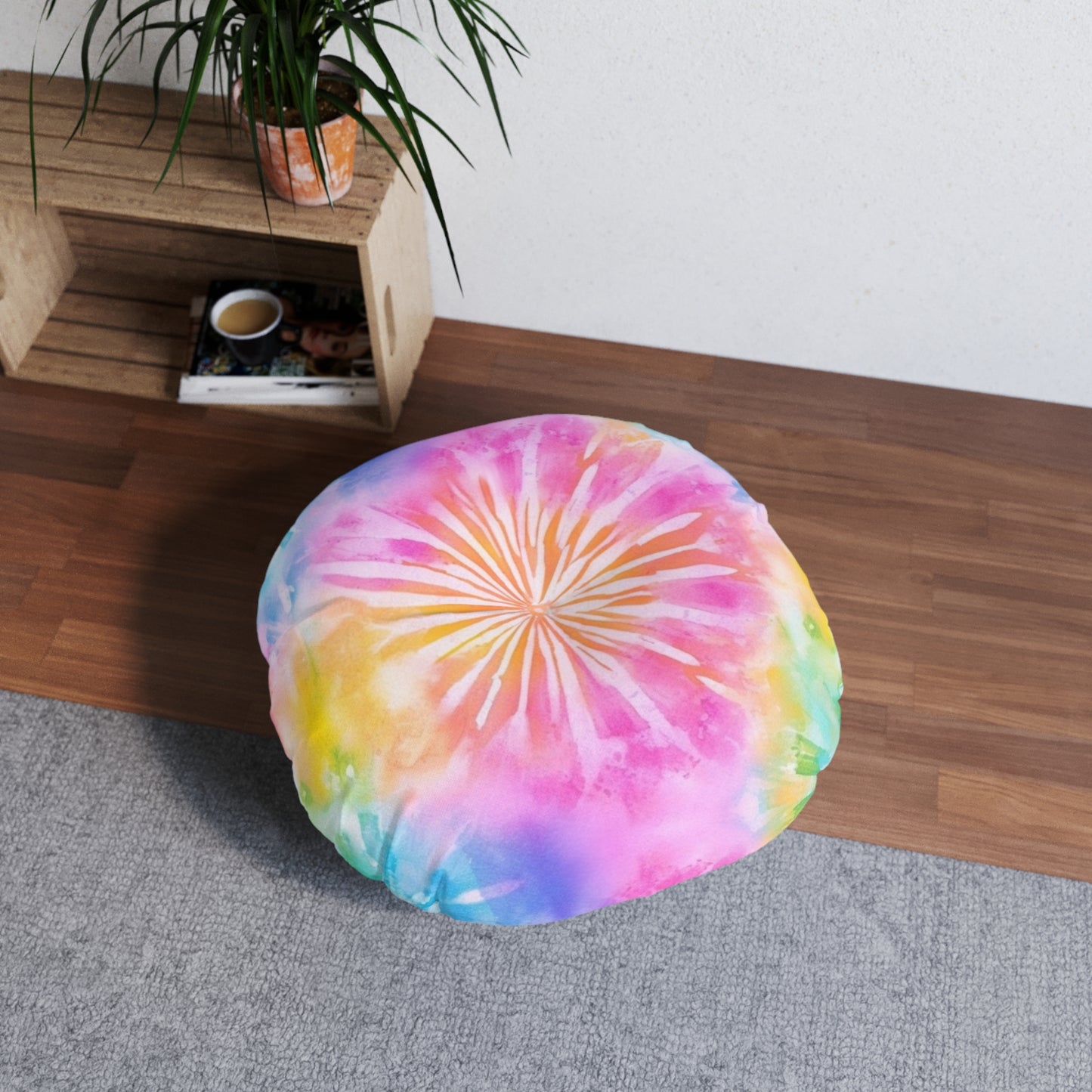 Boho Beach Vibe Pastel Hues Tie-Dye Pattern Design Tufted Floor Pillow, Round