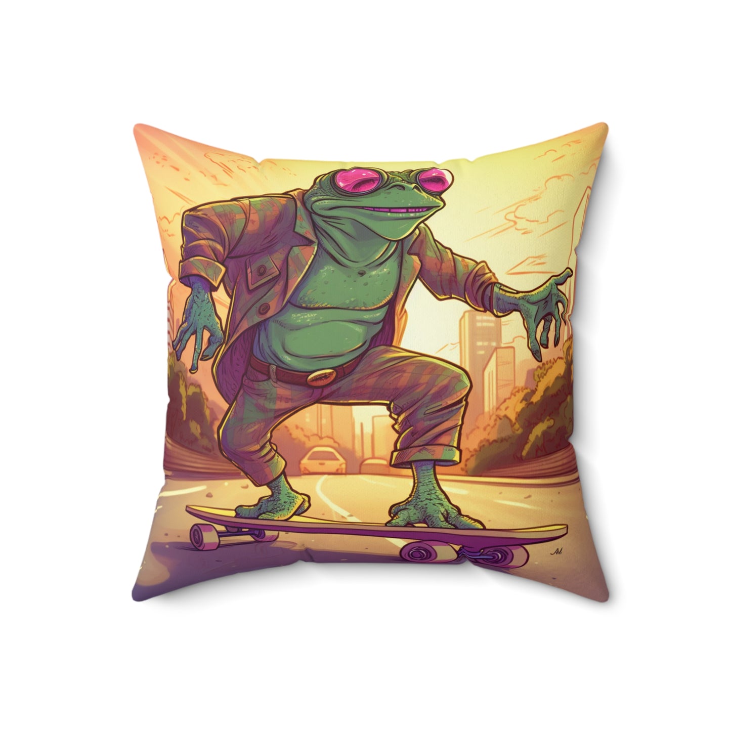 Old School Frog Skateboard Rider Classic Style Amphibian Spun Polyester Square Pillow