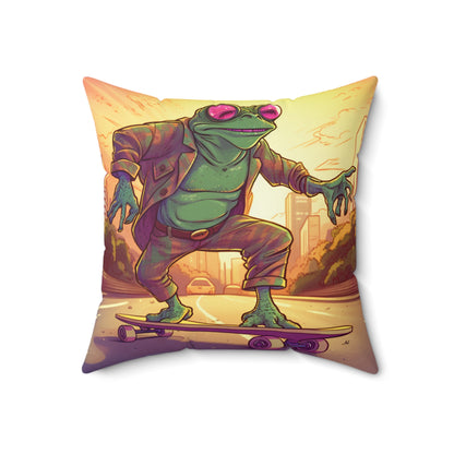 Old School Frog Skateboard Rider Classic Style Amphibian Spun Polyester Square Pillow