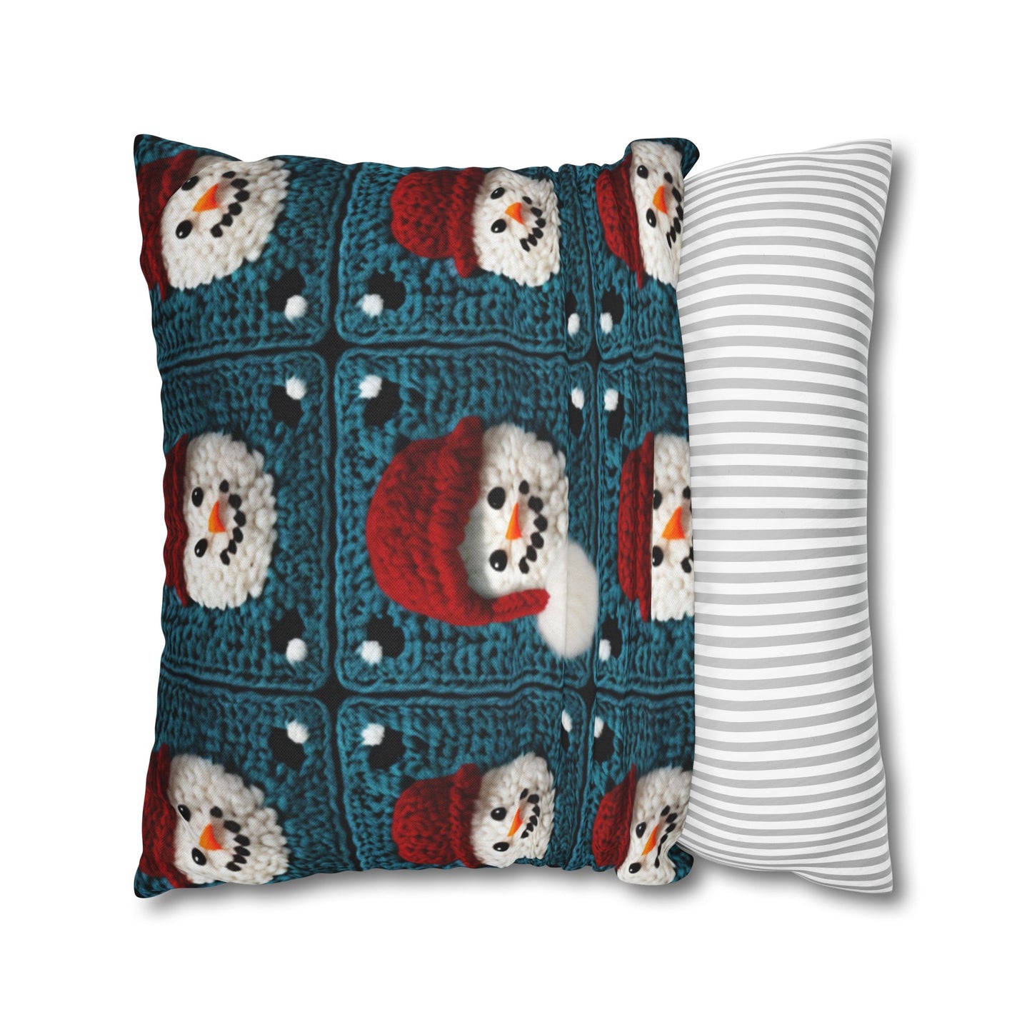 Snowman Crochet Craft, Festive Yuletide Cheer, Winter Wonderland - Spun Polyester Square Pillow Case