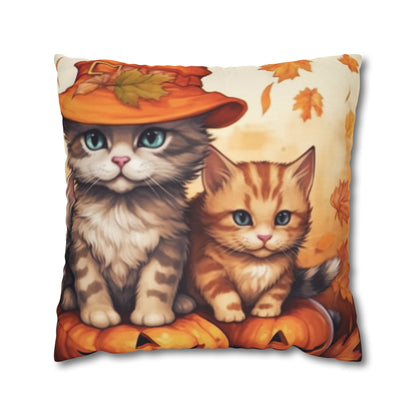 Kitty Cat Kittens Halloween - Cute Furries on Pumpkin - Festive Feline Decor - Spun Polyester Square Pillow Case