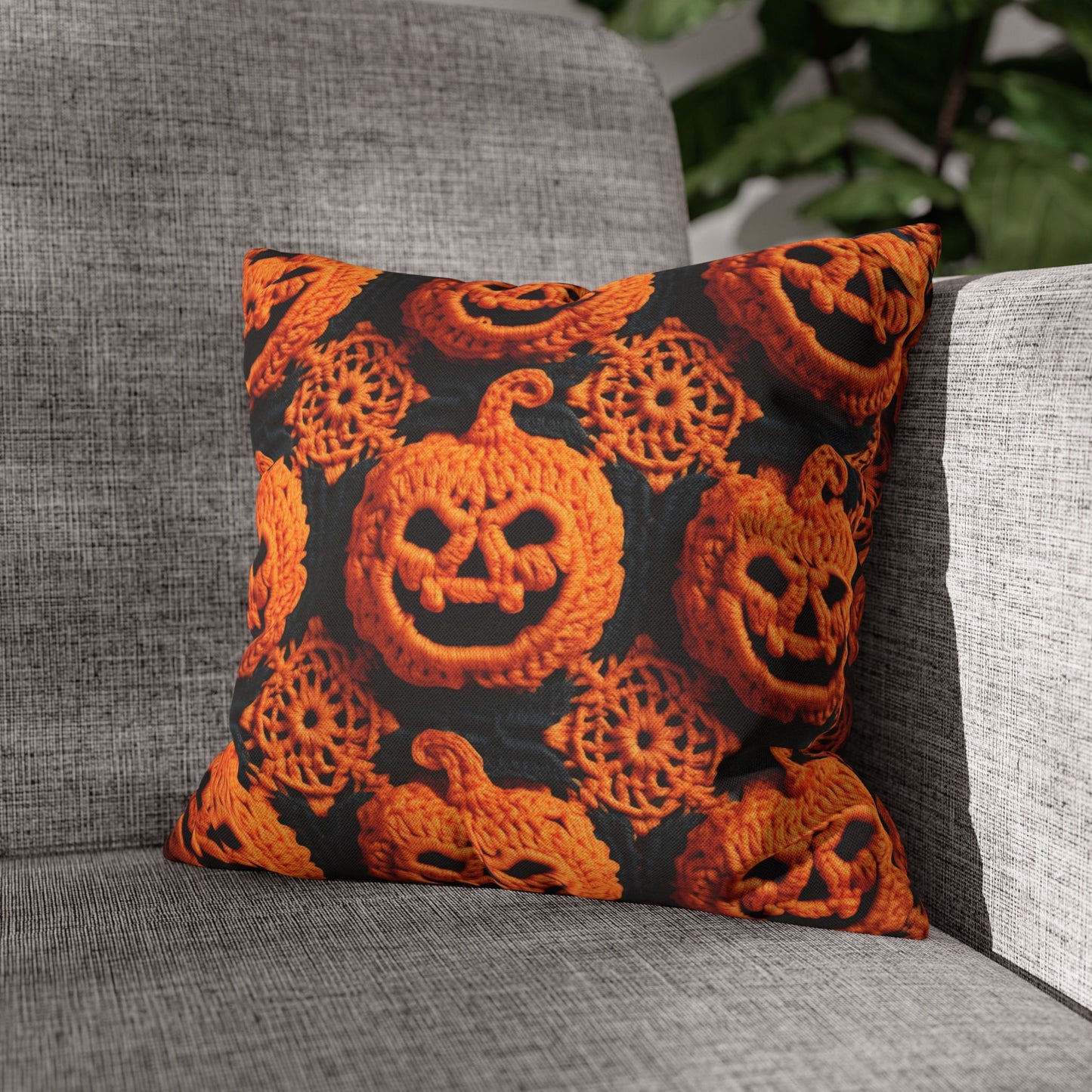 Halloween Crochet Pumpkin Scary Horror Festive Holiday Pattern - Spun Polyester Square Pillow Case