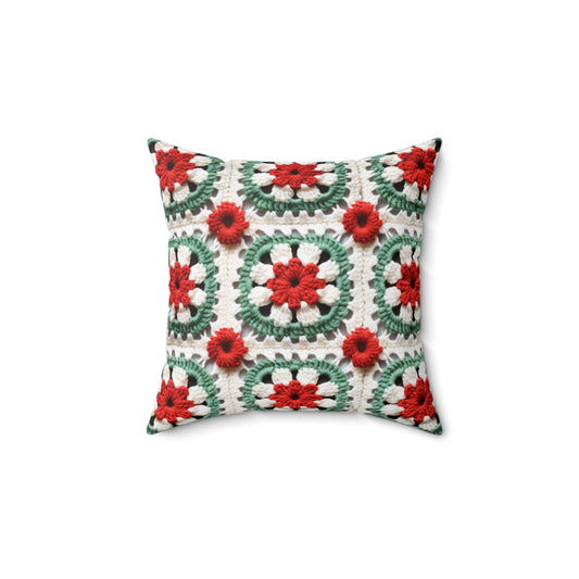 Christmas Granny Square Crochet, Cottagecore Winter Classic, Seasonal Holiday - Spun Polyester Square Pillow