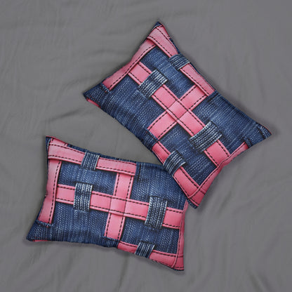 Candy-Striped Crossover: Pink Denim Ribbons Dancing on Blue Stage - Spun Polyester Lumbar Pillow