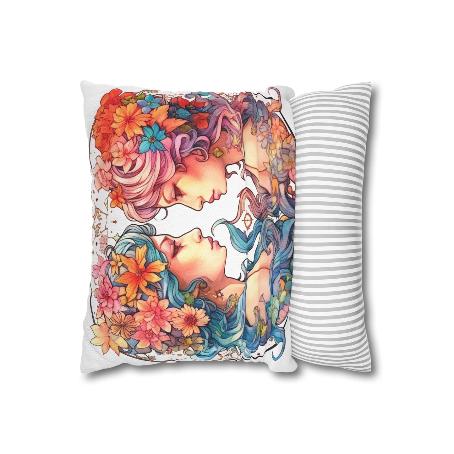 Zodiac Gemini Clipart - Twins Symbol, Whimsical Comic Style - Spun Polyester Square Pillow Case