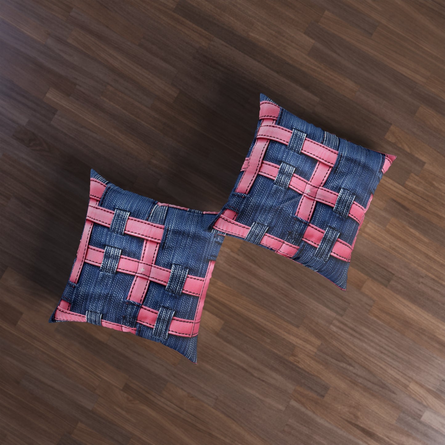 Candy-Striped Crossover: Pink Denim Ribbons Dancing on Blue Stage - Tufted Floor Pillow, Square