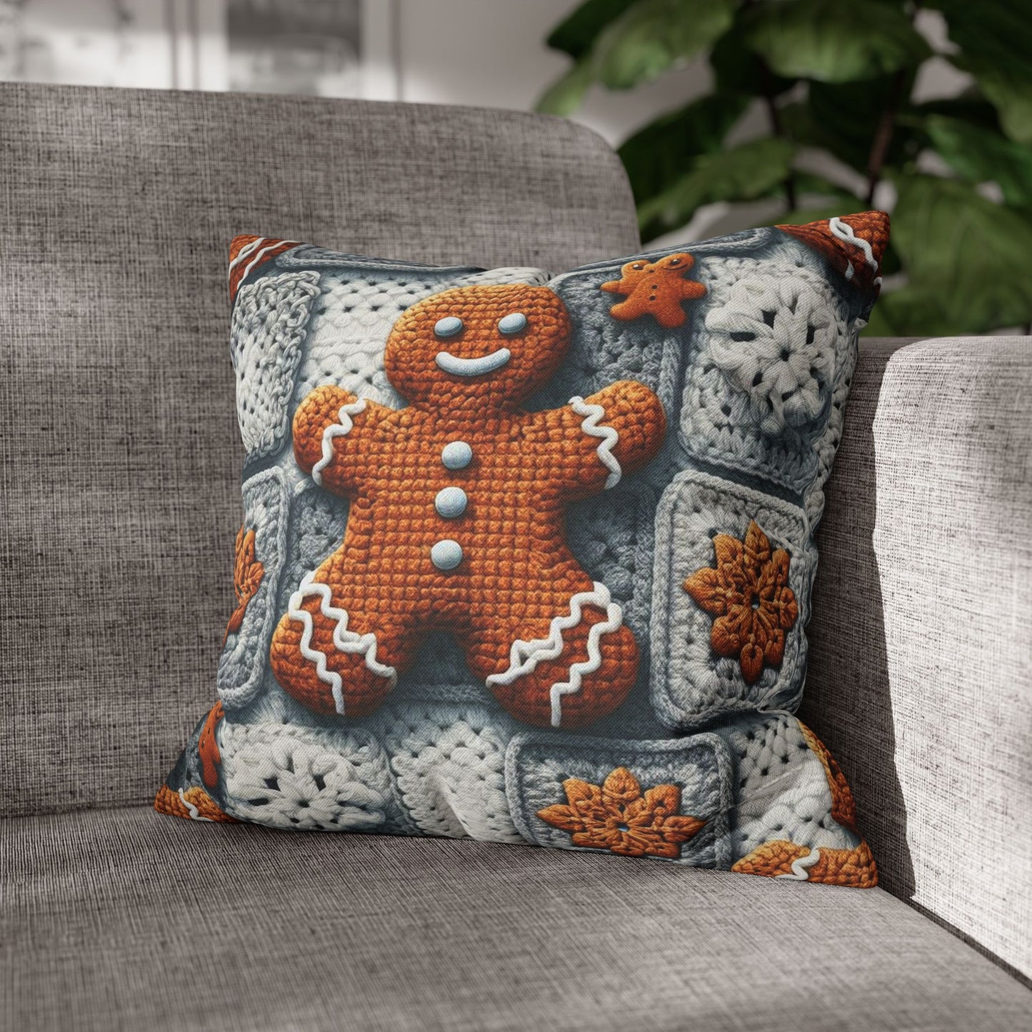 Festive Gingerbread Charm: Christmas Crochet Amigurumi with Granny Squares and Snowflake Accents - Spun Polyester Square Pillow Case