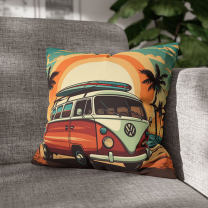 Retro Beach Camper Van - Sunset Surfboard Scene Spun Polyester Square Pillow Case