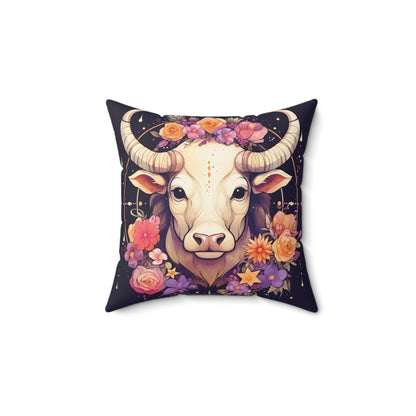 Taurus Zodiac Bull Flower Accents - Astrology Sign - Spun Polyester Square Pillow