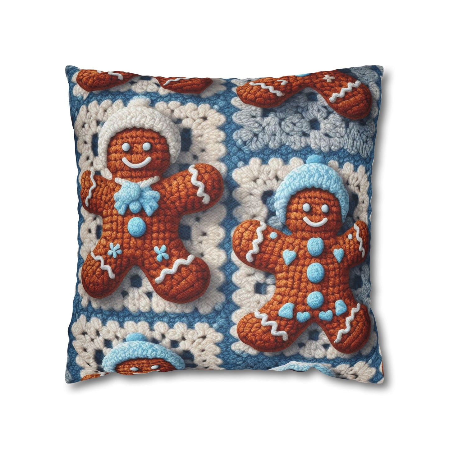 Winter Cheer: Charming Crocheted Gingerbread Christmas Friends Adorned with Snowy Hats and Sweet Smiles - Spun Polyester Square Pillow Case