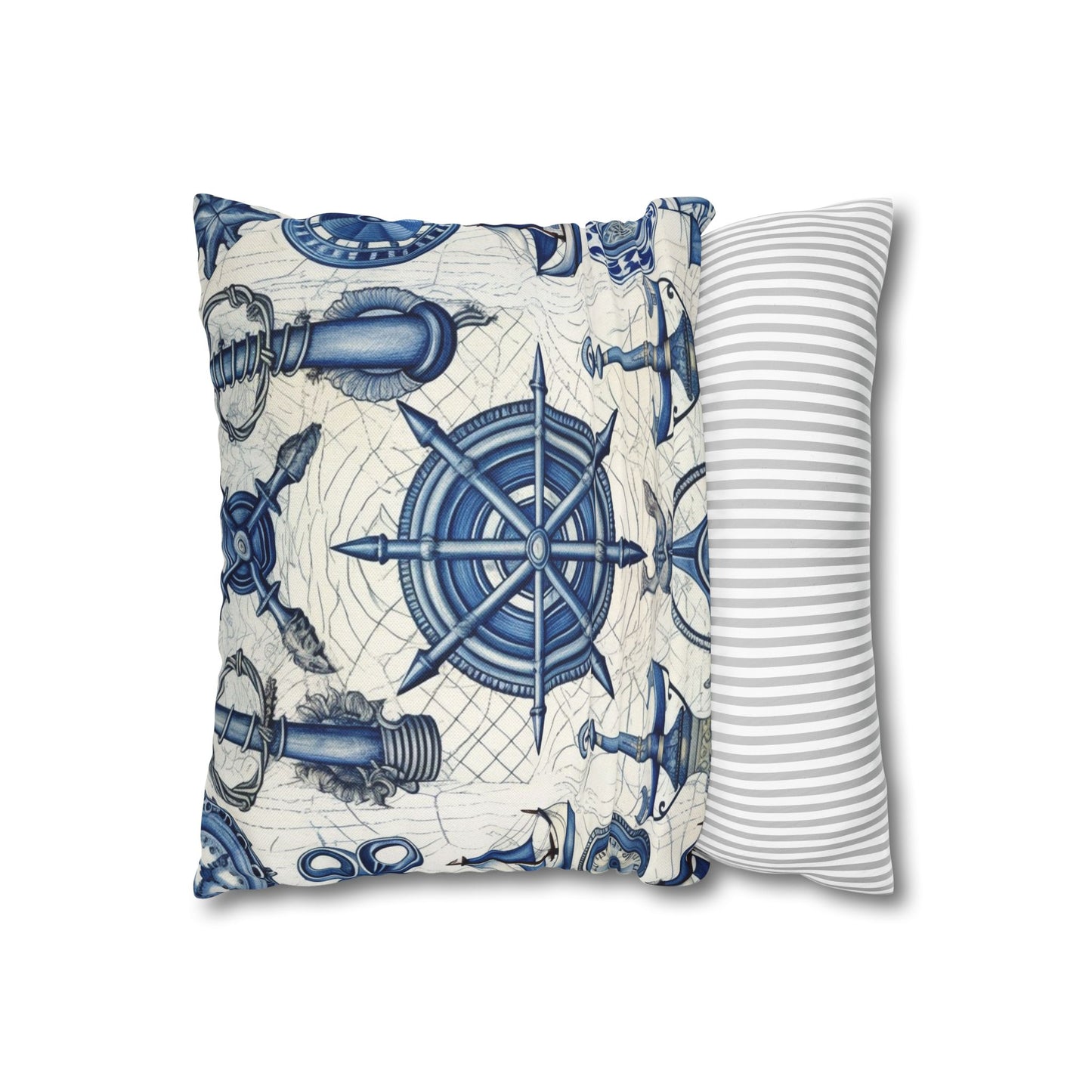 Nautical Theme Art - Anchors, Ropes, Compass Spun Polyester Square Pillow Case