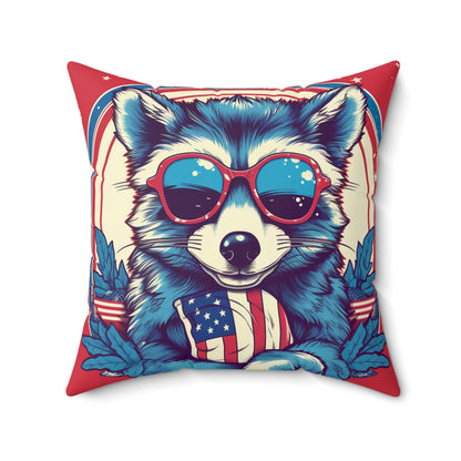 4th of July Stylish Raccoon USA American Graphic Spun Polyester Square Pillow