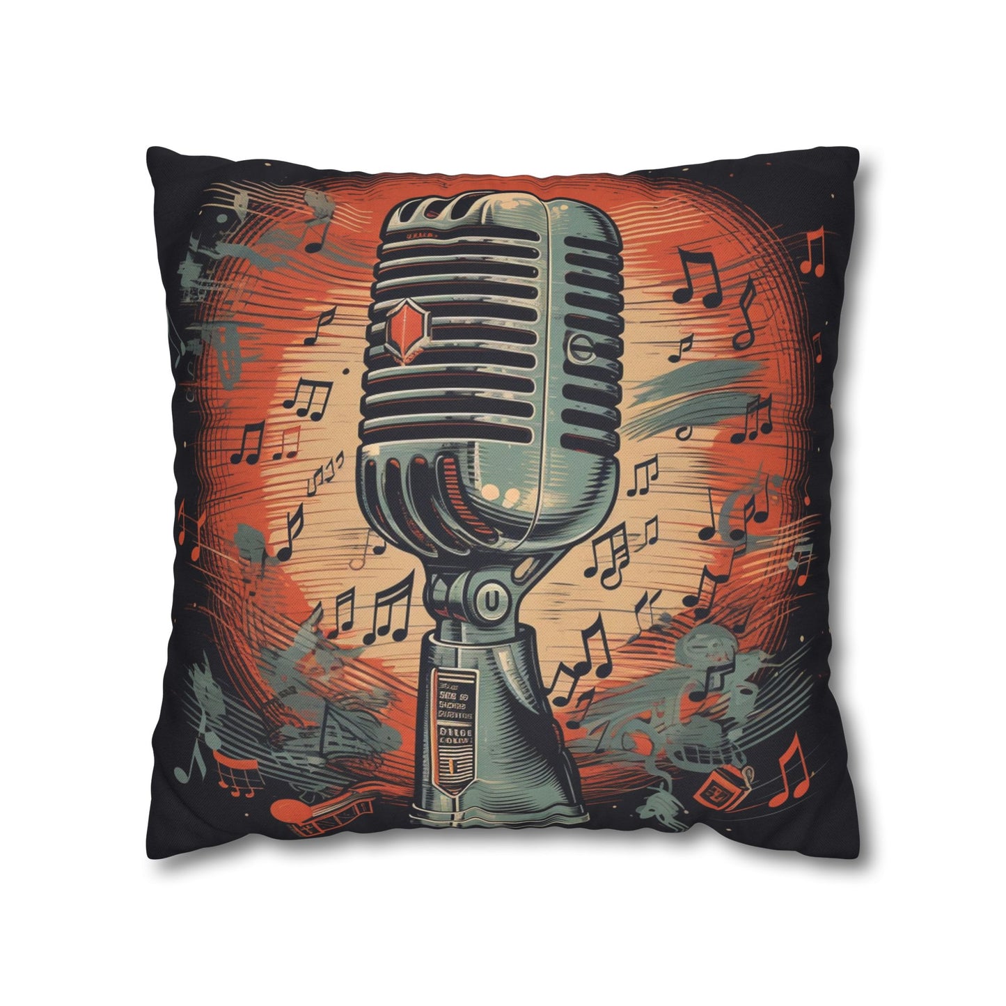 Retro Microphone & Music Notes - Vintage Style Design Spun Polyester Square Pillow Case