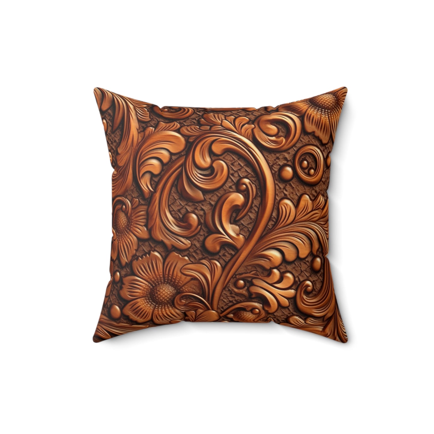 Leather Flower Cognac Classic Brown Timeless American Cowboy Design - Spun Polyester Square Pillow