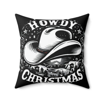 Western Howdy Christmas - Cowboy Hat Starry Winter Scene - Country Holiday Festive Graphic - Spun Polyester Square Pillow