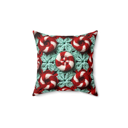 Christmas Crochet Candy Cane - Pepper Red Crystal White Holiday Pattern - Spun Polyester Square Pillow