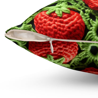 Strawberry Field Crochet - Forever Forest Greens - Fruit Berry Harvest Crop - Spun Polyester Square Pillow