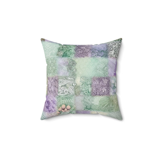 Medley Patchwork - Muted Pastels, Gingham & Lace, Boho Paisley Mix, Quilted Aesthetic Design - Spun Polyester Square Pillow