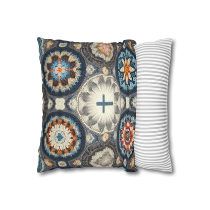 Bohemian Crochet Mandala with Centered Christian Cross - Earthy Tones Mosaic - Spun Polyester Square Pillow Case