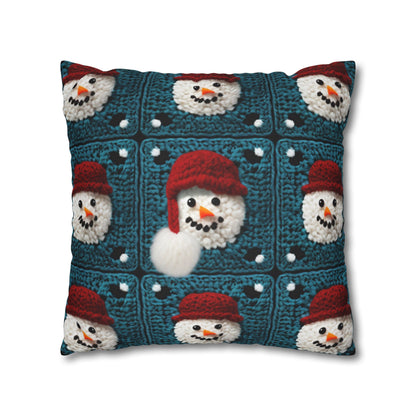 Snowman Crochet Craft, Festive Yuletide Cheer, Winter Wonderland - Spun Polyester Square Pillow Case