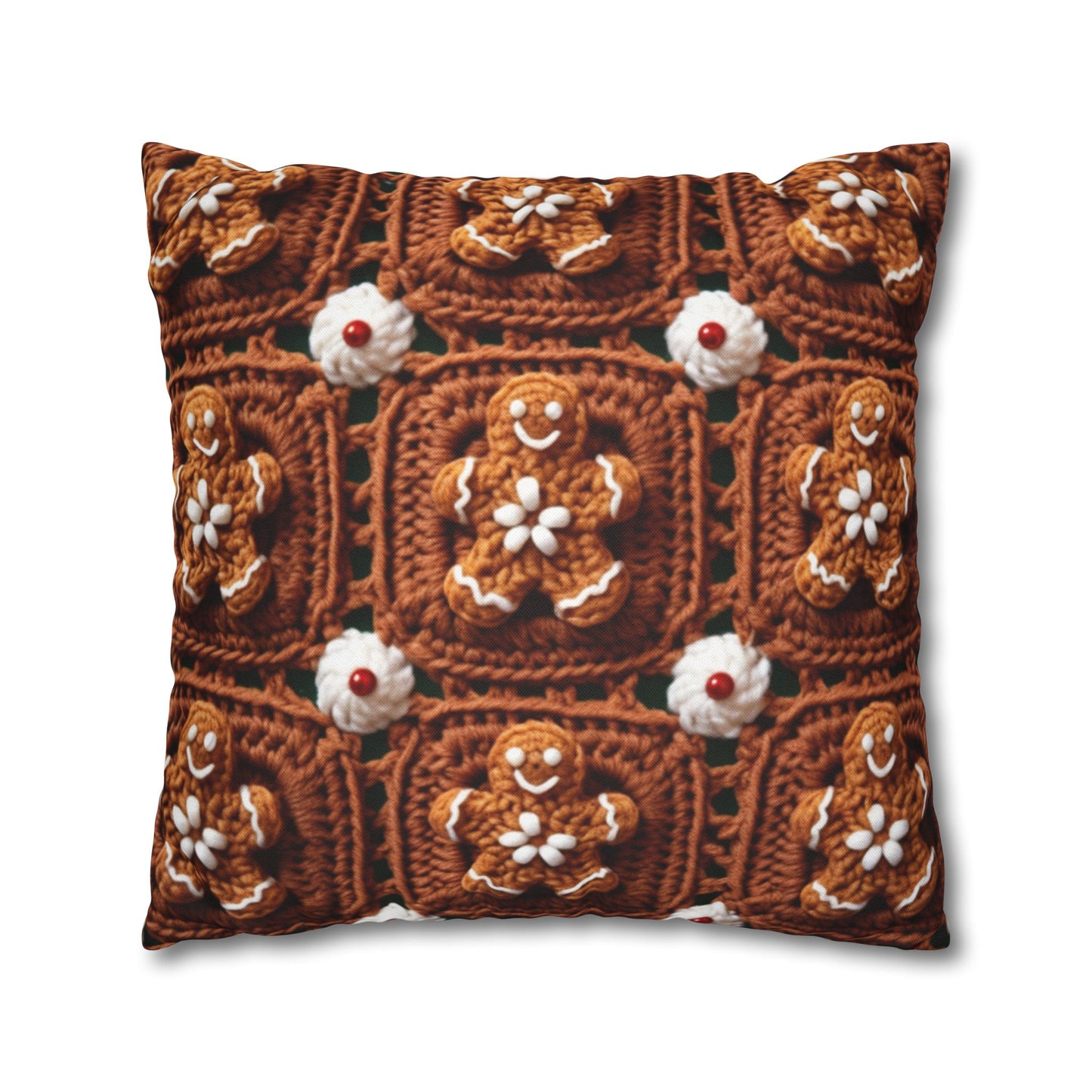 Gingerbread Man Crochet, Classic Christmas Cookie Design, Festive Yuletide Craft. Holiday Decor - Spun Polyester Square Pillow Case