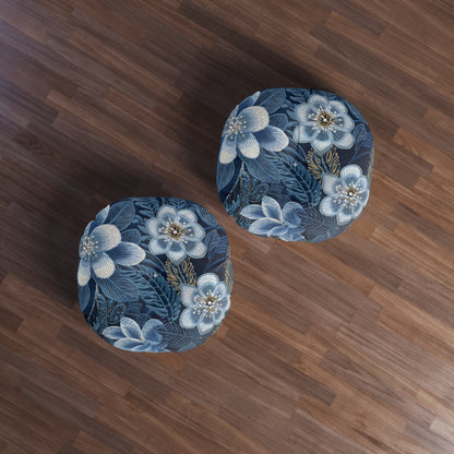 Flower Blossom Embroidery Floral on Denim Style - Tufted Floor Pillow, Round