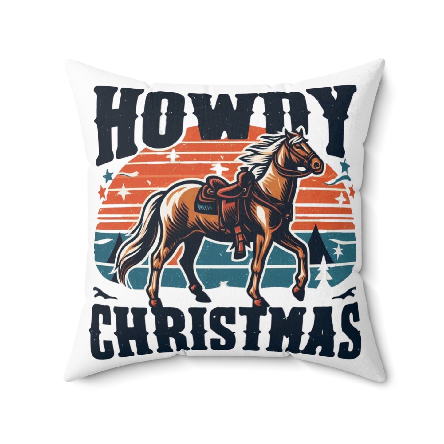 Retro Western Christmas - Howdy Christmas with Patriotic Horse and Star Banner - Spun Polyester Square Pillow