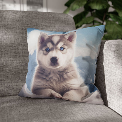 Husky Puppy Winter Wonder - Snowy Mountain Backdrop Spun Polyester Square Pillow Case