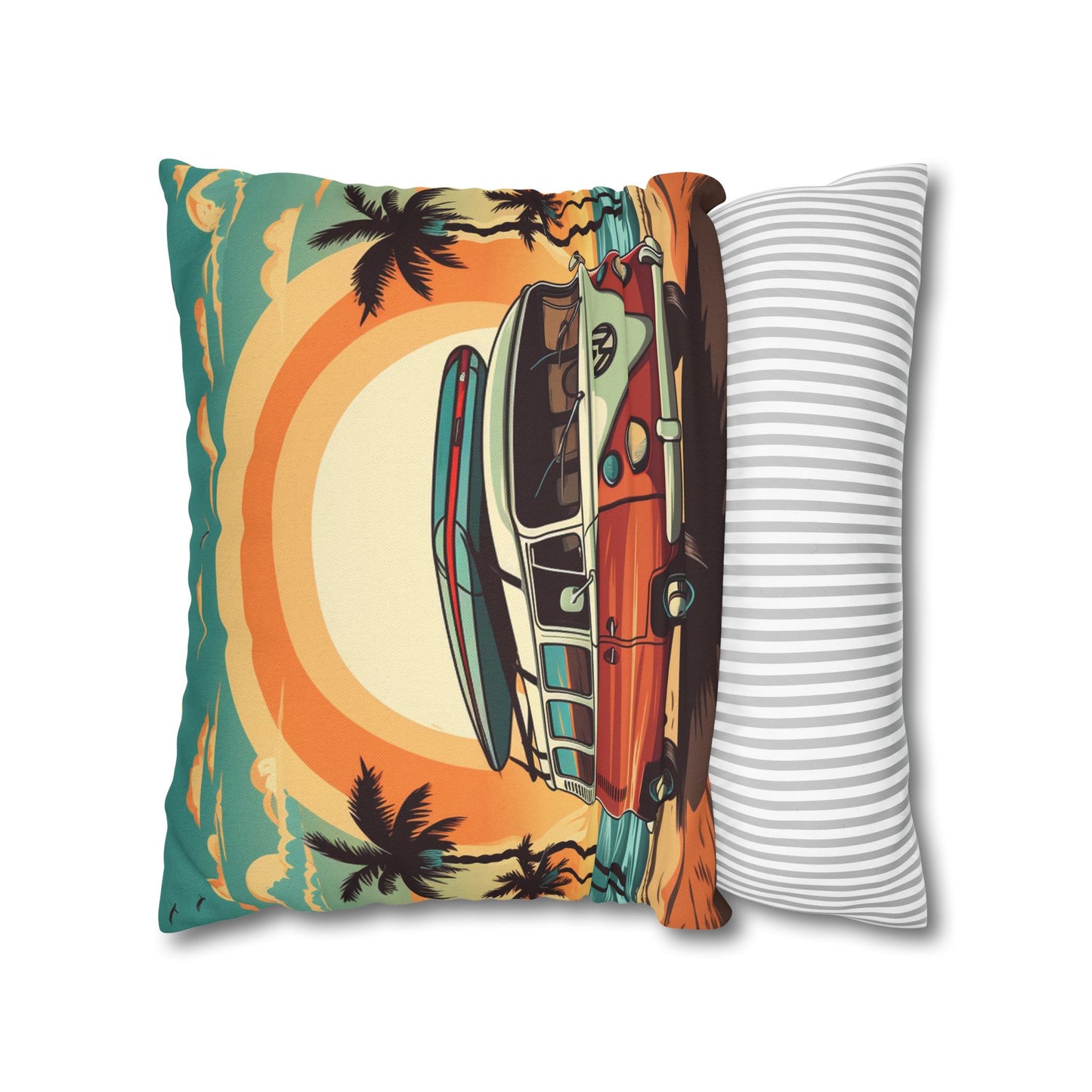 Retro Beach Camper Van - Sunset Surfboard Scene Spun Polyester Square Pillow Case