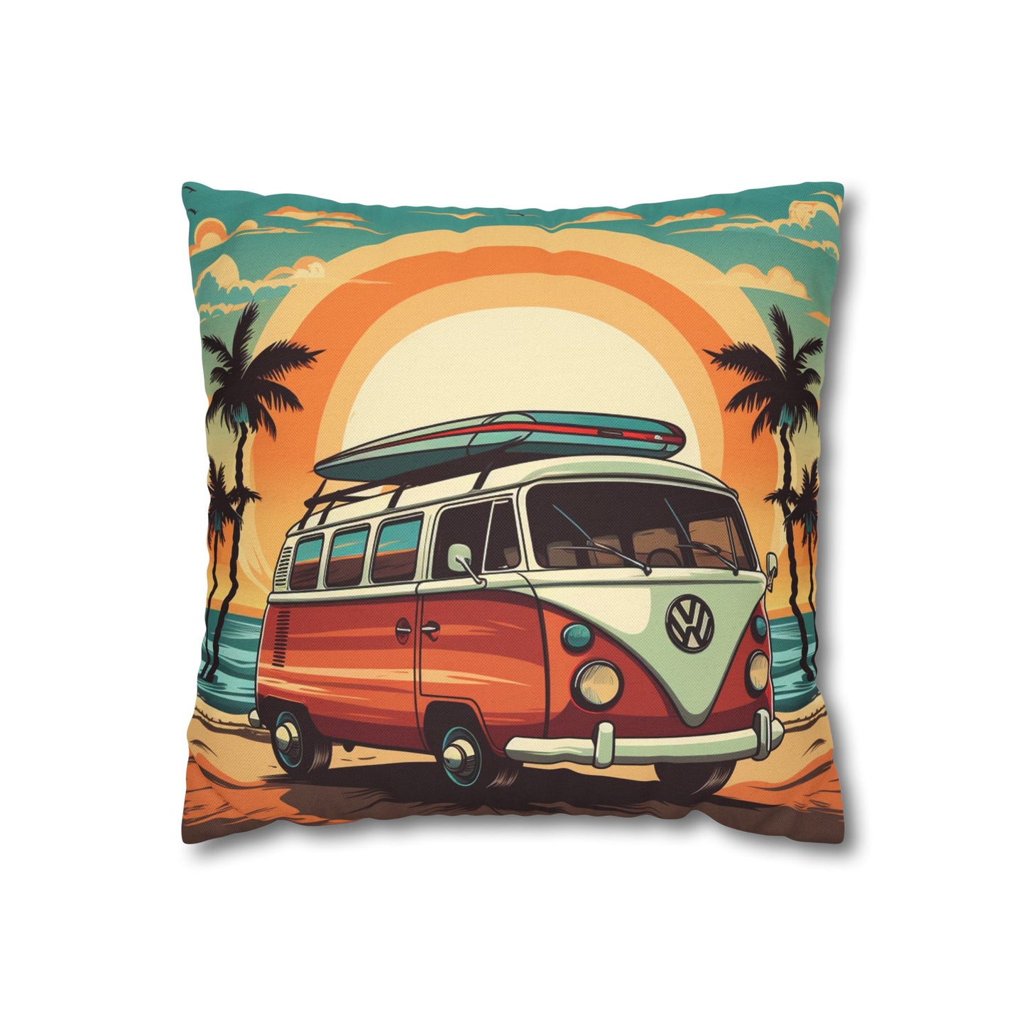 Retro Beach Camper Van - Sunset Surfboard Scene Spun Polyester Square Pillow Case