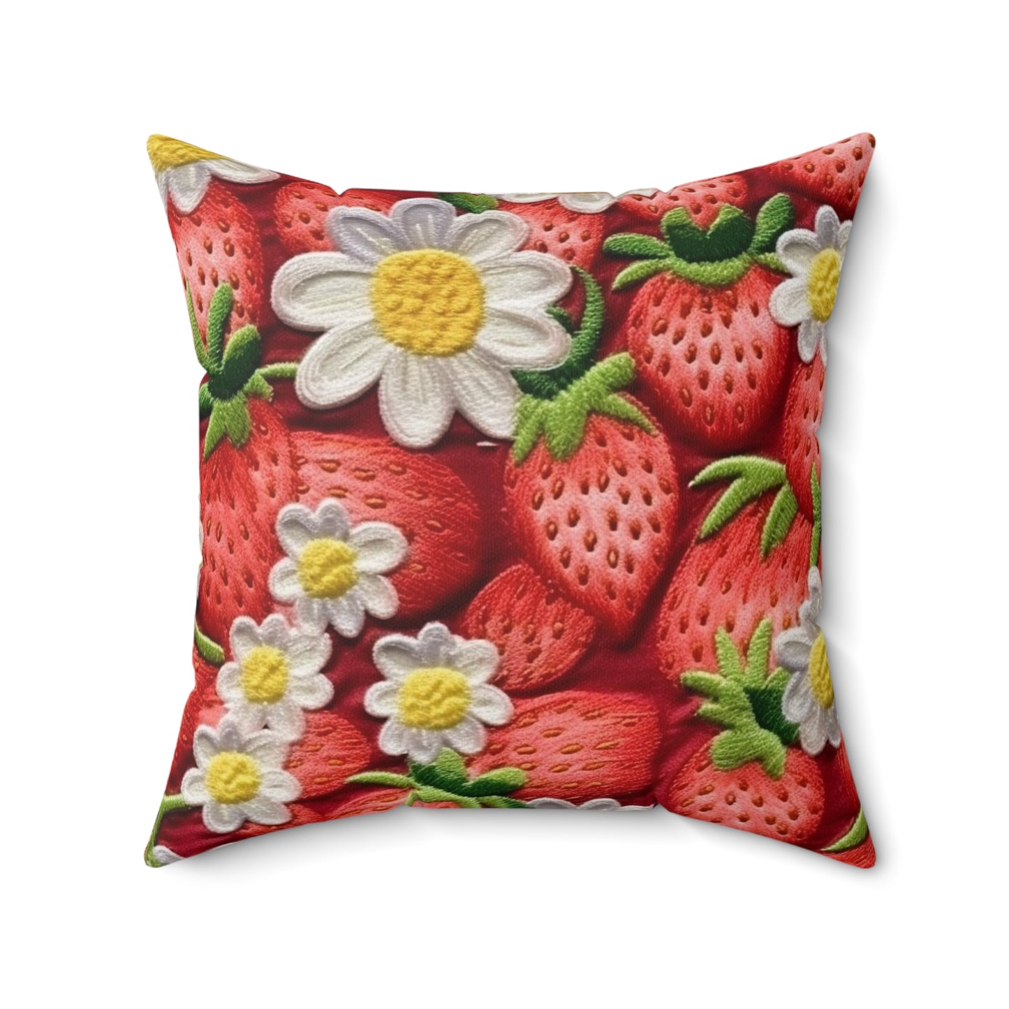 Strawberry Strawberries Embroidery Design - Fresh Pick Red Berry Sweet Fruit - Spun Polyester Square Pillow