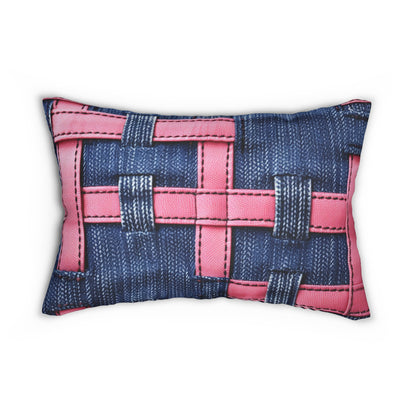 Candy-Striped Crossover: Pink Denim Ribbons Dancing on Blue Stage - Spun Polyester Lumbar Pillow