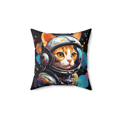 Astro Cat Adventure Feline - Pop Art, Floating in Cosmic Space - Spun Polyester Square Pillow