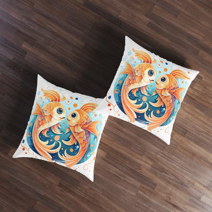 Charming Cartoon Fish Pisces - Dreamy Zodiac Illustration - Tufted Floor Pillow, Square