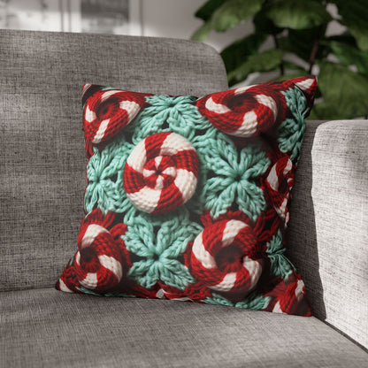 Christmas Crochet Candy Cane - Pepper Red Crystal White Holiday Pattern - Spun Polyester Square Pillow Case