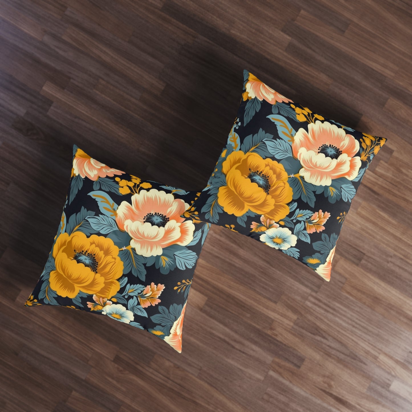 Vintage 50s 60s Inspired High-Waisted Floral Flower Pattern Tufted Floor Pillow, Square