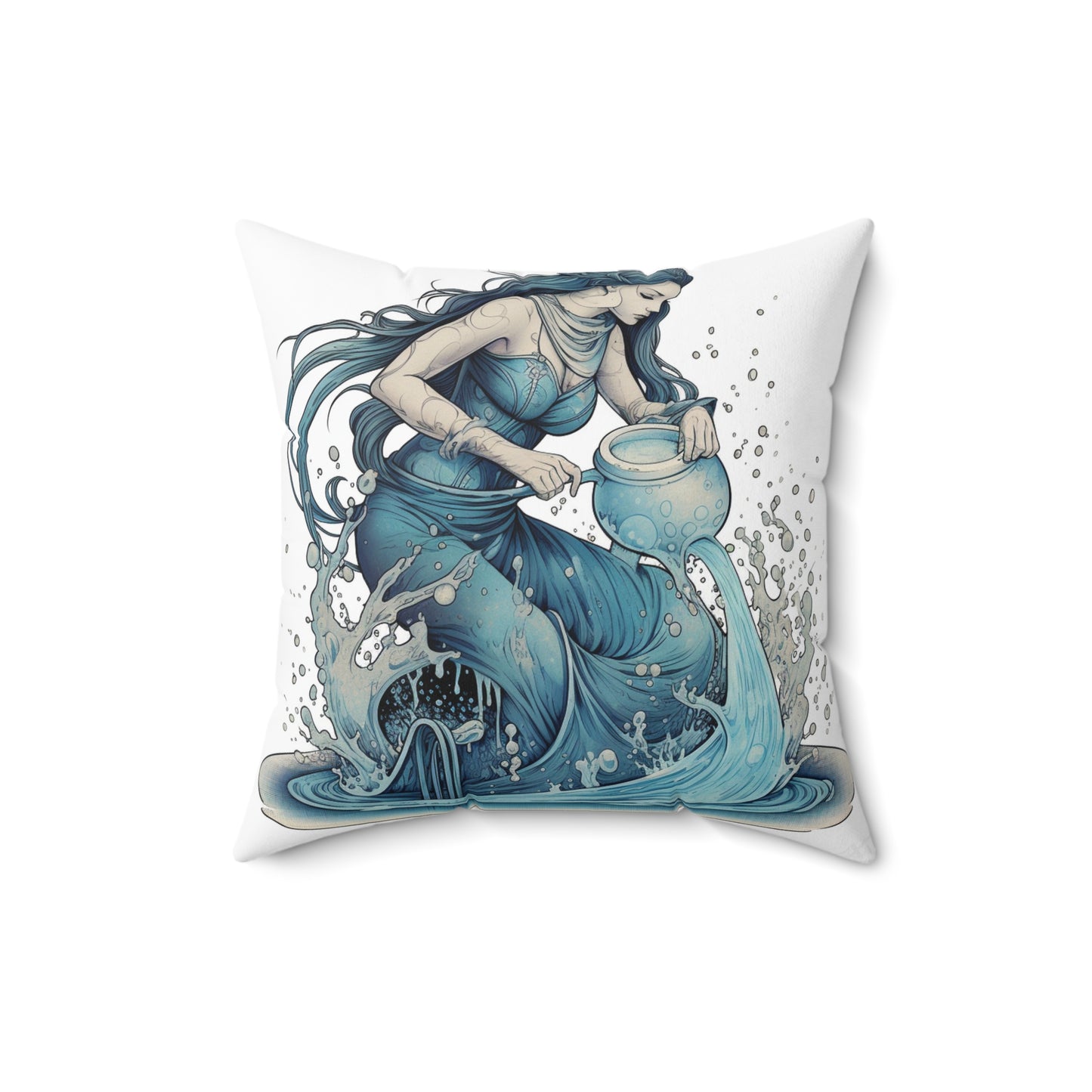 Aquarius Zodiac Symbol - Girl Pouring Water, Hand-Drawn Style - Spun Polyester Square Pillow