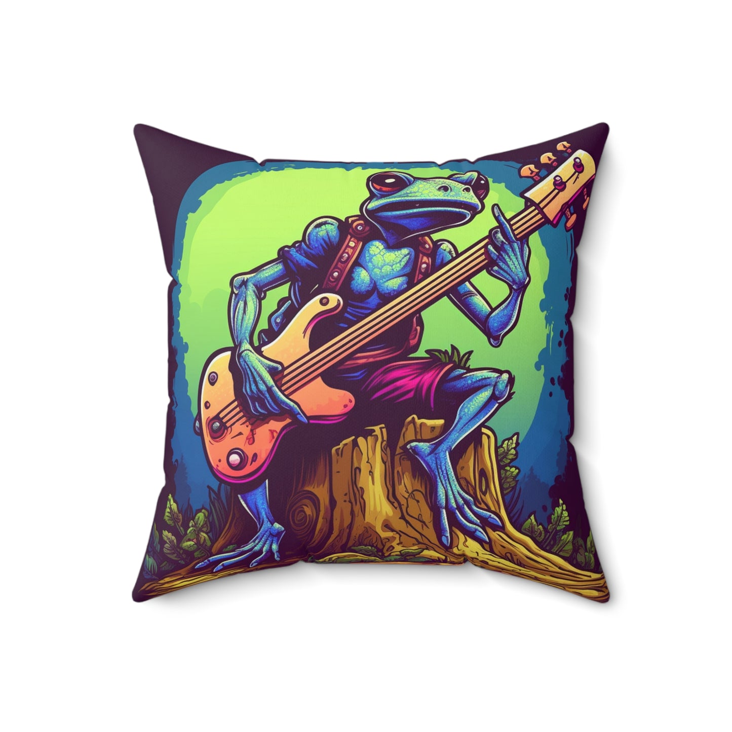 Frog Log Retro Graphic Trippy Musician Instrument Guitar Player Spun Polyester Square Pillow