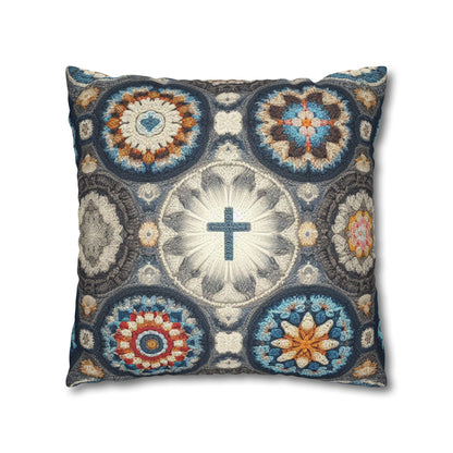 Bohemian Crochet Mandala with Centered Christian Cross - Earthy Tones Mosaic - Spun Polyester Square Pillow Case