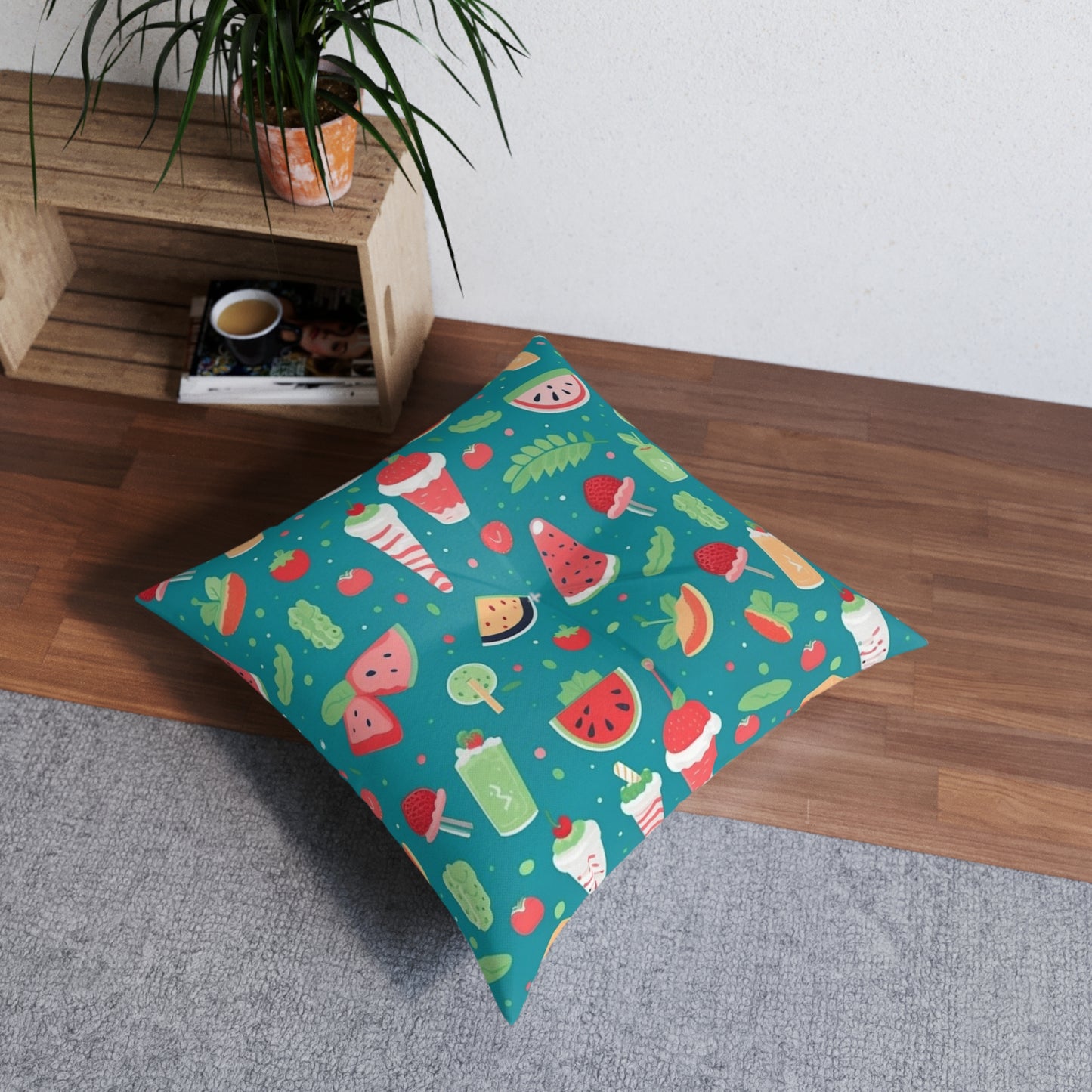 Quirky Summer Food Watermelon Ice Cream Cocktail Pattern Tufted Floor Pillow, Square