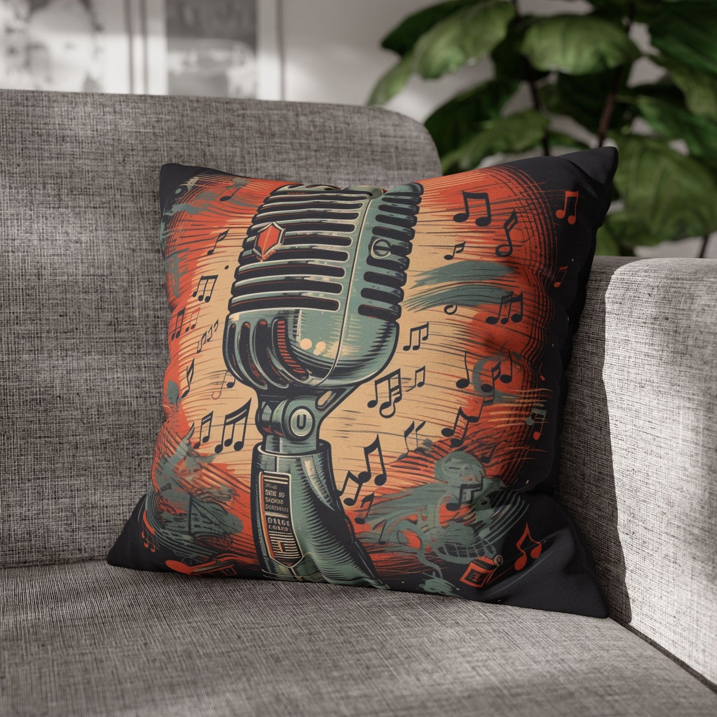 Retro Microphone & Music Notes - Vintage Style Design Spun Polyester Square Pillow Case