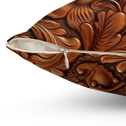 Leather Flower Cognac Classic Brown Timeless American Cowboy Design - Spun Polyester Square Pillow