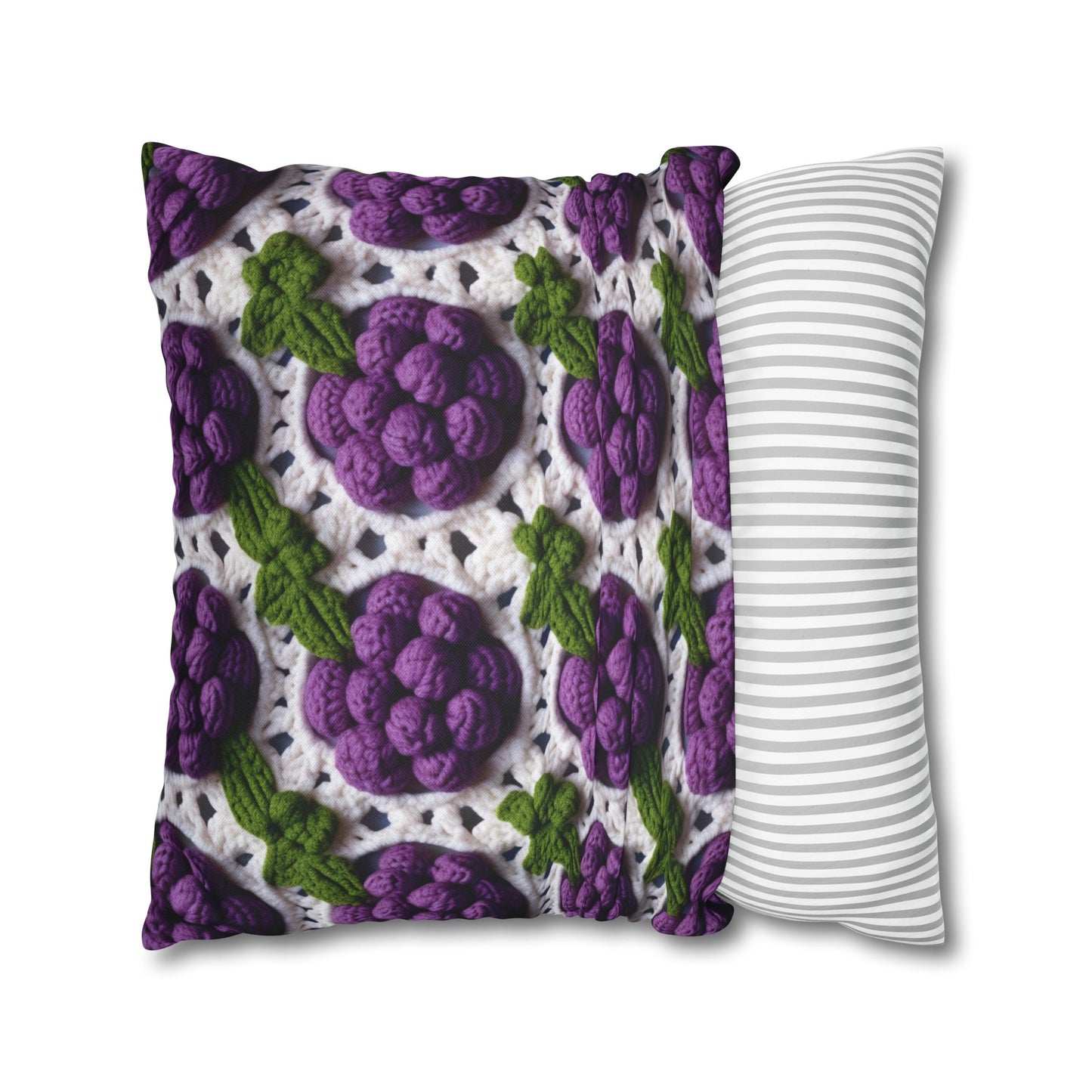 Crochet Grapes Pattern - Granny Square Design - Fresh Fruit Pick - Orchard Purple Snack Food - Spun Polyester Square Pillow Case